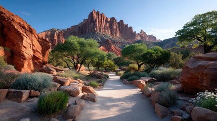 Expansive Desert Canyon Landscape Under a Clear Blue Sky with Jagged Red Rock Formations Lush Green Trees and a Winding Gravel Path in Sunlight