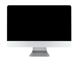 A modern desktop computer monitor/all-in-one featuring a blank black screen and a silver stand, positioned straight on and isolated on a light gray background.