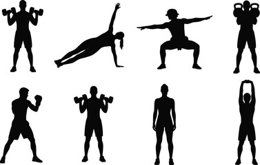 Running Walking People Silhouettes Set Fitness Training Leisure Action Vector Graphic Collection.