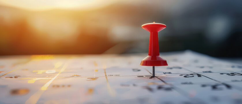 Close-up of a red push pin stuck in a calendar page, symbolizing an important date or deadline, with sunset lighting