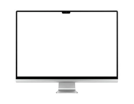 A modern desktop computer monitor/all-in-one featuring a bright blank white screen and a silver stand, positioned straight on and isolated on a light gray background.
