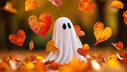 A cute sheet ghost stands in a vibrant autumn scene, surrounded by scattered fall leaves, including floating heart-shaped maple leaves, creating a sweet and cozy fall mood.
