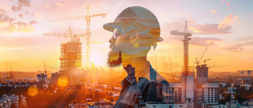 Creative double exposure image of a construction worker in helmet blended with cranes and urban cityscape at golden hour sunset.