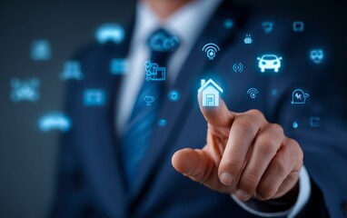 Visionary businessman navigates future with smart home and car technology interfaces, symbolizing innovation, control, and modern living.
