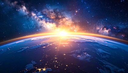 Fototapeta premium Landscape with Milky way galaxy. Sunrise and Earth view from space with Milky way galaxy.
