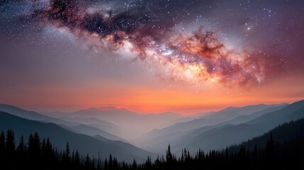 Fototapeta premium Expansive Milky Way Galaxy glowing vibrantly over silhouetted mountain ranges at dawn with warm orange sky and distant forest foreground