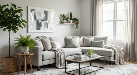 Fototapeta premium Cozy and Modern Living Room with Sectional Sofa and Abundant Natural Light