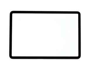 A black tablet device with a blank white screen is displayed in landscape orientation, isolated on a clean, light gray background.