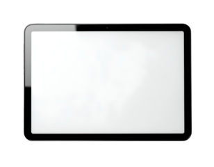 A black tablet device with a blank white screen is displayed in landscape orientation, isolated on a clean, light gray background.