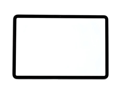 A black tablet device with a blank white screen is displayed in landscape orientation, isolated on a clean, light gray background.
