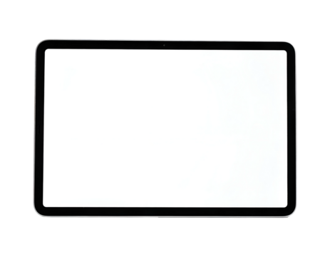 A black tablet device with a blank white screen is displayed in landscape orientation, isolated on a clean, light gray background.