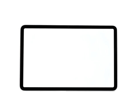 A black tablet device with a blank white screen is displayed in landscape orientation, isolated on a clean, light gray background.