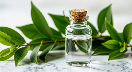 Small Glass Bottle with Clear Liquid and Cork Stopper on Marble Surface Surrounded by Green Leaves Highlighting Natural Wellness Aesthetic
