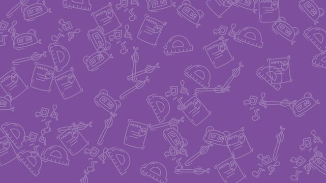 Colorful pattern featuring various kitchen utensils and tools on a vibrant purple background