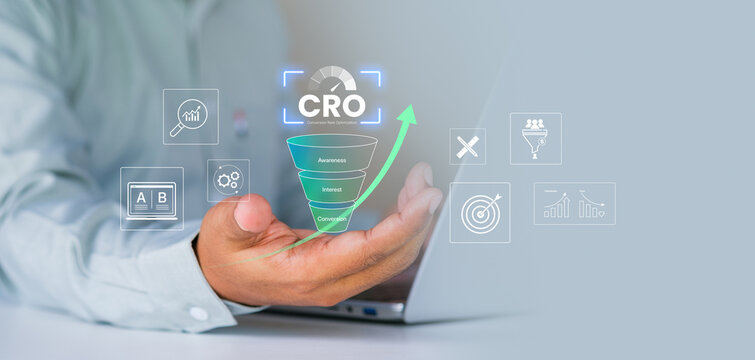 Conversion Rate Optimization, CRO success strategy, digital marketing funnel awareness interest conversion stages, business performance improvement, ROI growth, customer journey metrics visualization