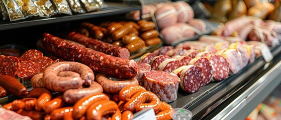 Assorted sausages, salami, and cured meats neatly arranged in a deli display case at a butcher shop or grocery store.