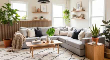 A Bright and Airy Living Room with a Large Sectional Sofa and Boho Decor Accents