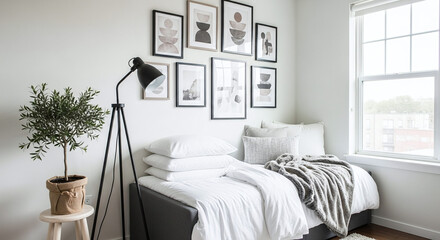A cozy minimalist bedroom featuring neutral tones, framed wall art, and natural light. Perfect for modern Scandinavian home inspiration.