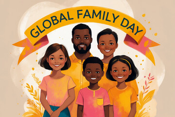 Greeting card for international family day, smiling happy people parents and children AI Generative