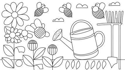 A printable coloring page with a summer garden theme.