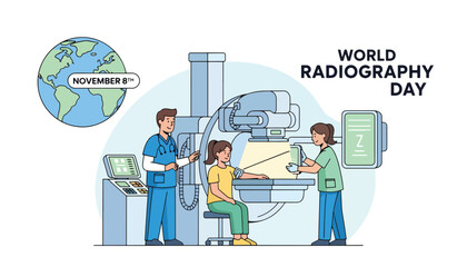 World radiography day celebration with medical professionals and x ray equipment