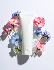 Blank skincare tube mockup with floral decor.