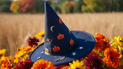 A classic, dark blue witch's hat with pumpkin decals and silver stars rests on a vibrant display of yellow and orange autumn flowers in a sunny harvest field.
