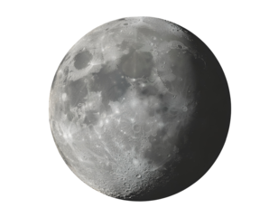 Detailed image of the Moon showing its craters and surface texture, with prominent shadow on the right, isolated on a light gray background.