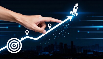 business success concept with hand pointing at upward growth curve and target
