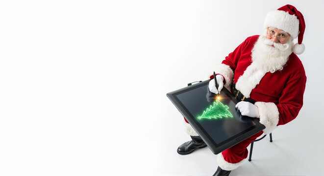 Santa Claus drawing a digital Christmas tree on a large graphics tablet. Modern holiday design and new technology concept for Christmas.
