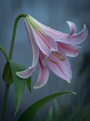 Naklejka premium Delicate pink lily flower with water droplets on petals, soft focus background