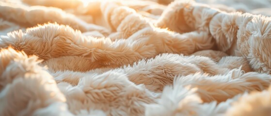 Close-up of warm beige faux fur blanket with natural sunlight, showcasing cozy texture and inviting softness in soft focus.