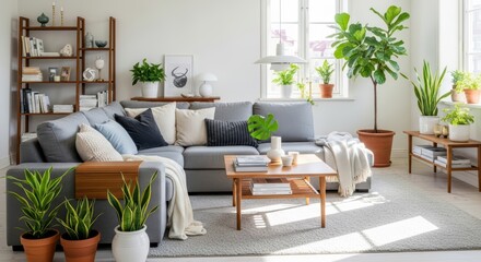 Fototapeta premium Inviting Modern Living Room Design With Abundant Natural Light And Lush Greenery Creating A Serene Atmosphere