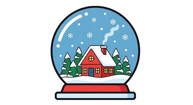 Cozy winter scene with charming red house and snow-covered trees in a snow globe