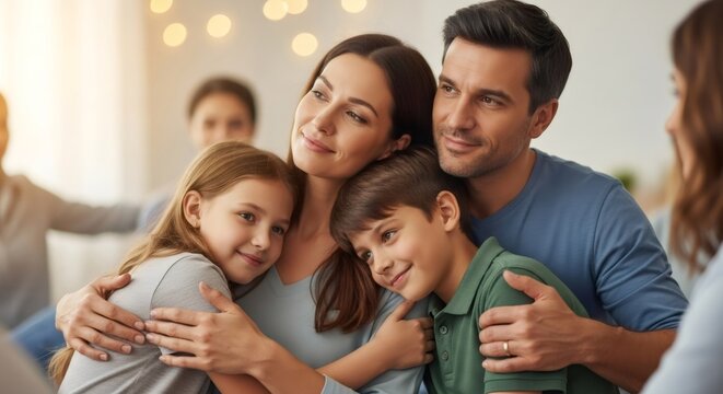 Happy caucasian family with woman, man, girl and boy embracing. Comfort, support and care concept. World Autism Awareness Day.