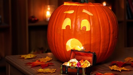 A surprised jack-o'-lantern with glowing eyes sits next to an open treasure chest overflowing with luminous gems, suggesting a whimsical Halloween discovery.