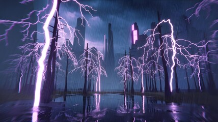 A photo of a cyberpunk forest during a July storm.