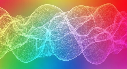 Abstract flowing digital waves with a mesh texture on a vibrant rainbow gradient background.