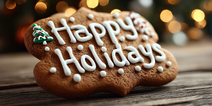 Happy Holidays in icing font on gingerbread background