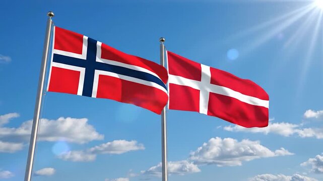 Dynamic Norwegian and Danish flags waving proudly against a brilliant sunlit sky, symbolizing unity and international relations