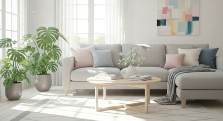 Fototapeta premium Serene Modern Living Room Oasis Bright Natural Light Inviting Comfort Abundant Greenery Cozy Ambiance Elegant Simplicity