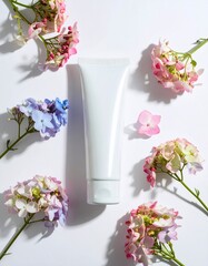 Blank skincare tube with colorful hydrangeas.