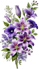 Elegant Digital Bouquet of Purple Lilies and Petunias Isolated on White Background