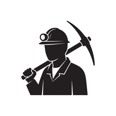Flat Black Silhouette Illustration of a Miner with Pickaxe and Hard Hat