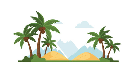 Obraz premium Tropical paradise with palm trees, sand dunes, mountains, and serene sky