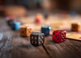 Intense close-up captures the thrill of a board game session, dice poised for action on a rustic wooden table, evoking strategic fun and friendly competition.