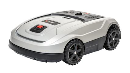 Digital new stylish compact robotic lawn mower cut out on PNG isolated on white. AI GENERATED.