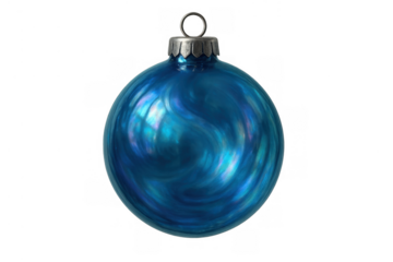 Blue iridescent glass christmas ornament with swirl design, festive season decoration, transparent background