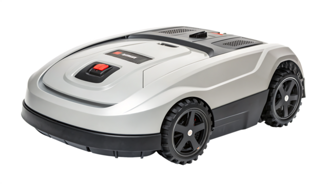 Digital new stylish compact robotic lawn mower cut out on PNG isolated on white. AI GENERATED.