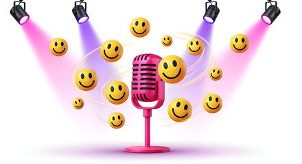 A pink retro microphone surrounded by floating emojis under bright stage lights is a vibrant karaoke, podcast, or positivity concept for social media, apps, and branding